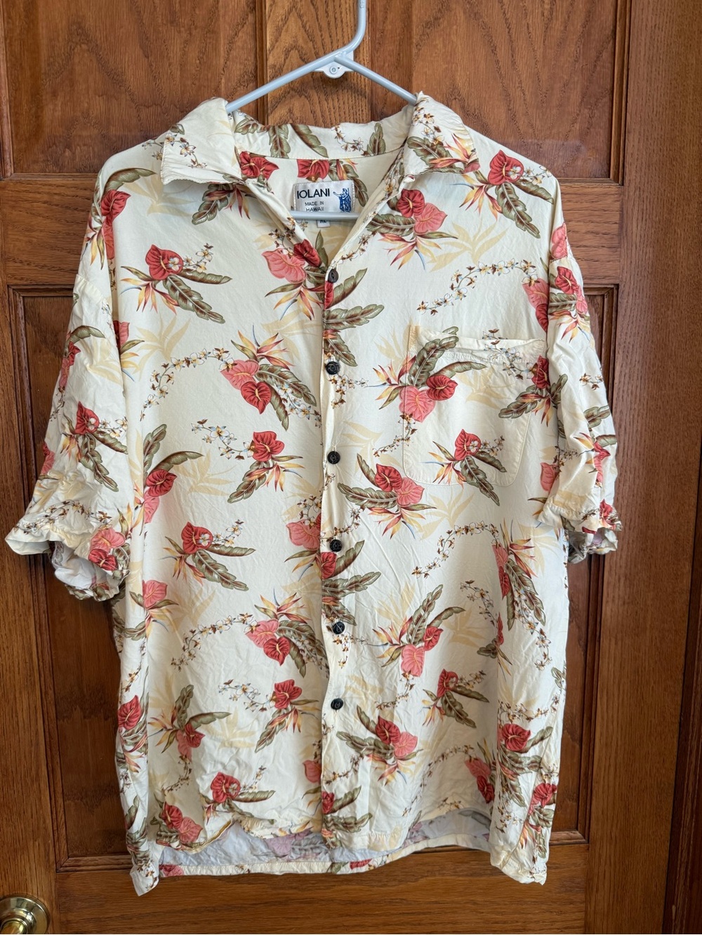 Vintage Iolani Made In Hawaii Aloha Shirt XL Cream Floral Hibiscus Rayon